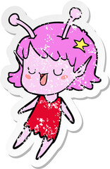 distressed sticker of a happy alien girl cartoon