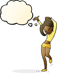 cartoon pretty woman dancing with thought bubble