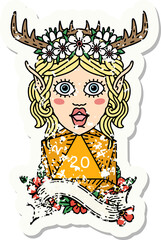 grunge sticker of a elf druid character with natural twenty dice roll