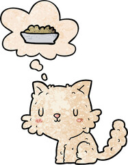 cartoon cat and food with thought bubble in grunge texture style