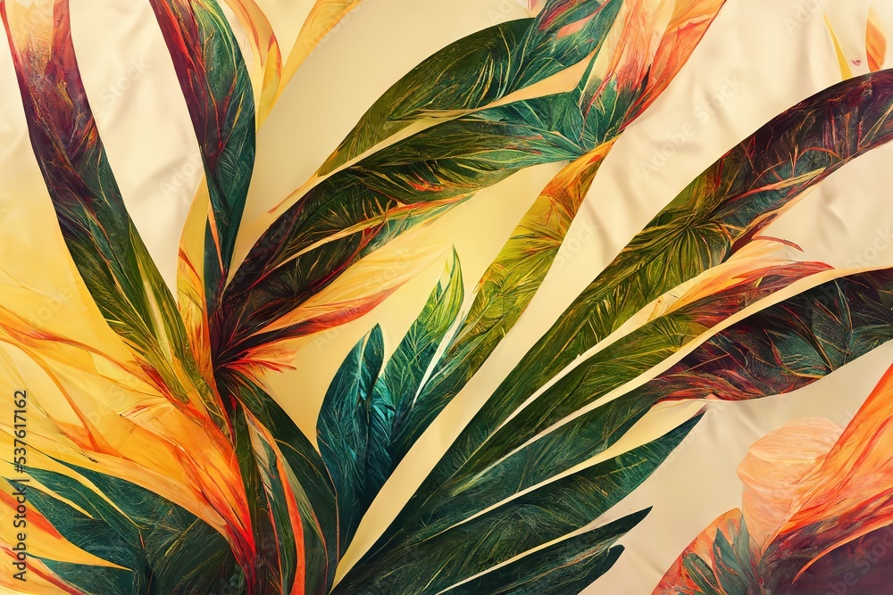 Wall mural gold and green tropical leaves pattern on rough beige fabric closeup. palm leaves, gold, black. exot