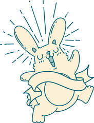 scroll banner with tattoo style prancing rabbit