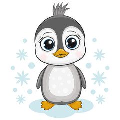Vector illustration of a penguin and snowflakes. Polished on a white background.