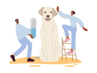 Tiny doctors and dog. Veterinarian woman and man and Labrador Retriever. Huge domestic animal. Doctors wearing special blue medical clothes. Vet clinic, veterinary or hospital. Colored flat vector.