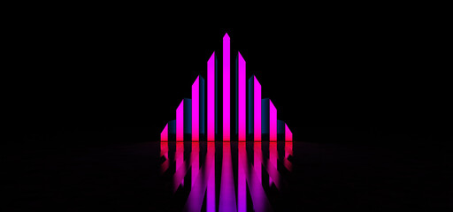 A glowing purple neon pyramid consisting of vertical stripes stands on a glossy floor in a dark space. A glowing neon triangular sign is reflected in the glossy floor. Glowing pyramid.