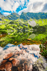 Tatra National Park in Poland. Tatra mountains panorama, Poland colorful flowers and cottages in...