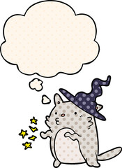 cartoon cat wizard with thought bubble in comic book style