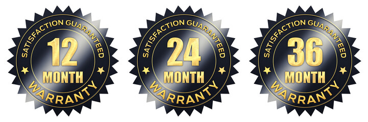 Set of 12, 24, 36 month black and gold warranty label icons isolated