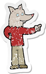retro distressed sticker of a cartoon wolf man pointing