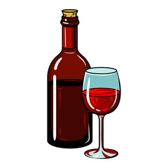 Bottle of wine with glass pop art PNG illustration with transparent background