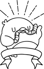 scroll banner with black line work tattoo style robin with worm