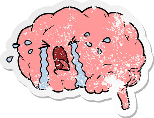 distressed sticker of a cartoon brain crying