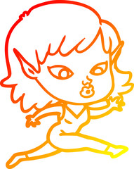warm gradient line drawing of a pretty cartoon elf girl running