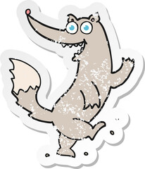 retro distressed sticker of a cartoon happy wolf dancing