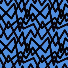 Random crossing colored lines located zigzag making pattern.Chaotic shorts lines seamless pattern,sticks modern repeatable motif.Good for print,textile,fabric,wrapping paper.Black on azure background