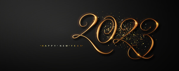 New year banner with realistic golden numbers 2023 on dark background with golden dust.