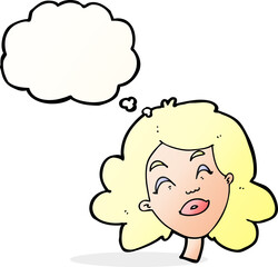cartoon happy female face with thought bubble