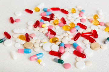 Many different colorful medication and pills perspective view. Set of many pills on colored background