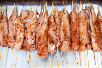 Raw chicken fillet on wooden skewers, cooked for the grill and sprinkled with spices, lies on a tray.