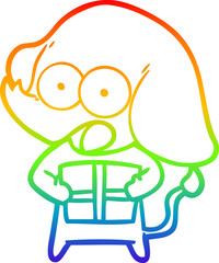 rainbow gradient line drawing of a cute cartoon elephant with christmas present
