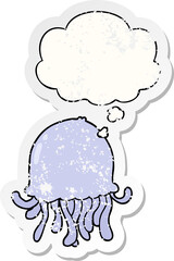 cartoon jellyfish with thought bubble as a distressed worn sticker