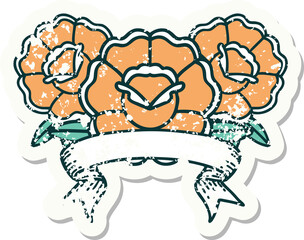 worn old sticker with banner of a bouquet of flowers