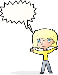 cartoon happy girl with speech bubble