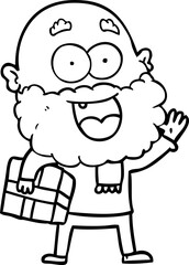 cartoon crazy happy man with beard and gift under arm
