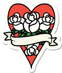 sticker of tattoo in traditional style of a heart and banner with flowers