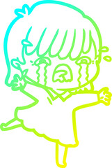 cold gradient line drawing of a cartoon girl crying
