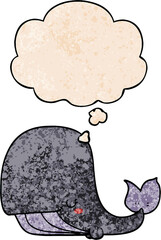cartoon whale with thought bubble in grunge texture style