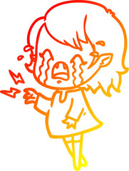 warm gradient line drawing of a cartoon crying vampire girl