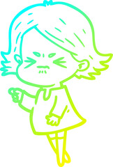 cold gradient line drawing of a cartoon angry woman