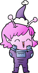 hand drawn gradient cartoon of a alien girl giggling wearing santa hat