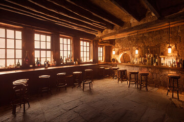 medieval tavern bar interior, art illustration