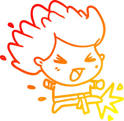warm gradient line drawing of a cute kicking karate champion
