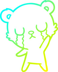 cold gradient line drawing of a crying cartoon bear waving
