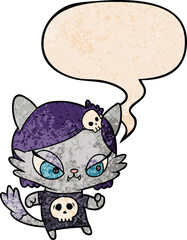 cute cartoon tough cat girl with speech bubble in retro texture style