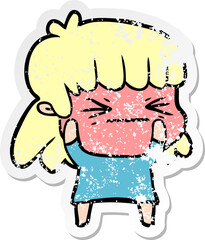 distressed sticker of a cartoon angry girl