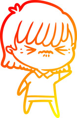 warm gradient line drawing of a annoyed cartoon girl