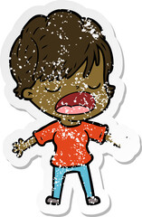 distressed sticker of a cartoon woman talking