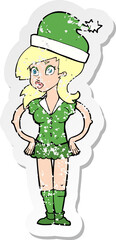 retro distressed sticker of a cartoon santas helper