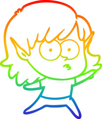 rainbow gradient line drawing of a cartoon elf girl staring