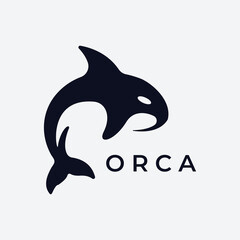 Simple black orca whale animal template logo creative design. Killer underwater animal. Logo for business, identity and branding. - obrazy, fototapety, plakaty