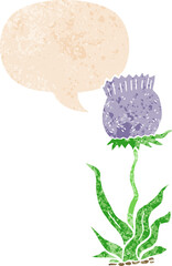 cartoon wild flower with speech bubble in grunge distressed retro textured style
