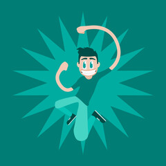 happy smiling cartoon character in jump with idea - flat design