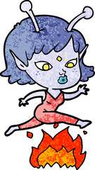 pretty cartoon alien girl jumping over fire