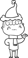 hand drawn line drawing of a friendly boy wearing santa hat