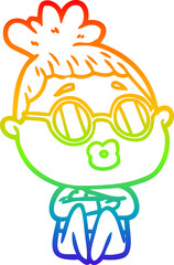 rainbow gradient line drawing of a cartoon sitting woman wearing spectacles