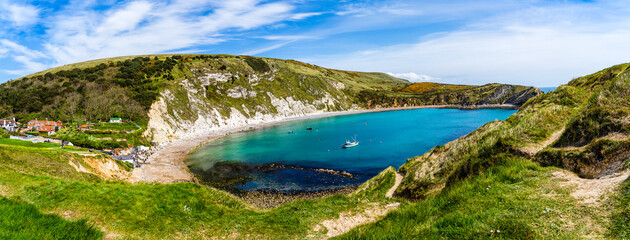 Beautiful panoramic view of Lulworth cove on the Jurassic Coast in Dorset, England, UK